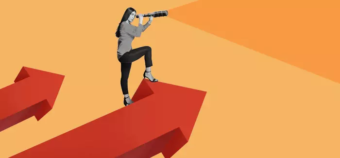 Illustrated woman stands on upward arrows as she looks through a telescope to represent looking for learning metrics