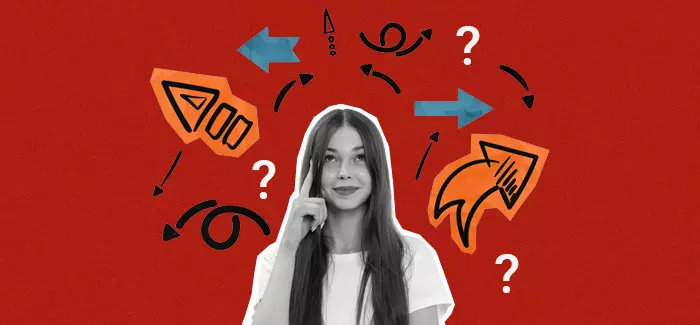 Woman looking puzzled by choosing a major in college, surrounded by arrows and question marks