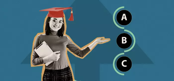 Woman with a masters in education wearing a graduation cap and pointing to a chalkboard with options A, B, and C