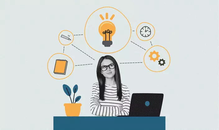 Young woman with thought bubbles above head that highlight school