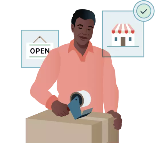 An illustration of a business owner packing to move to a larger shop