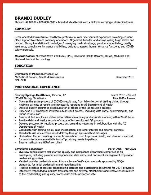 A sample resume for a health administration applicant