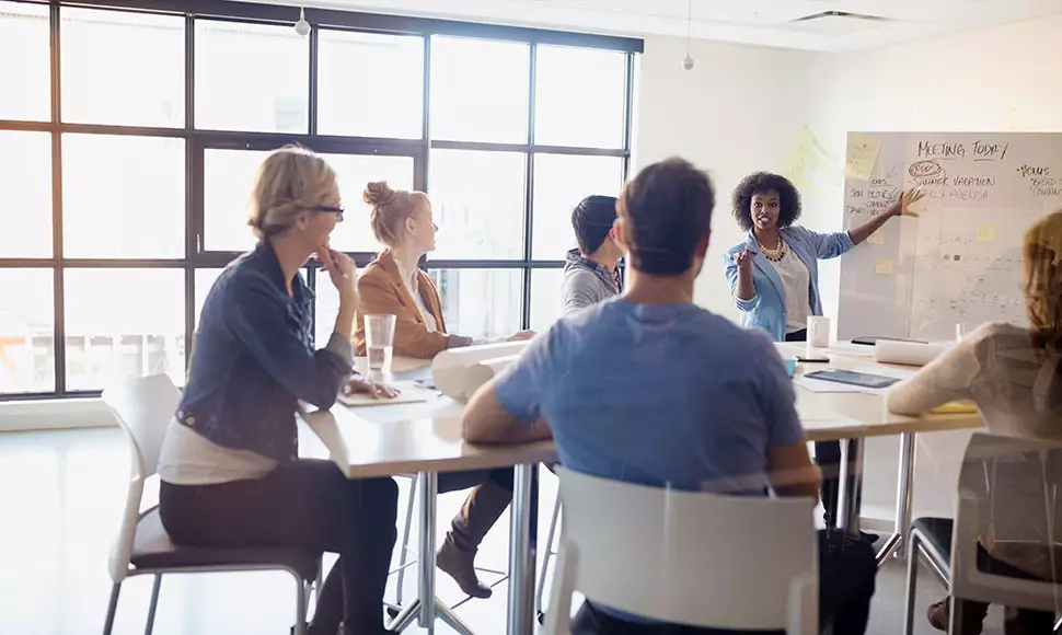 Youthful coworkers participate in a presentation in a modern, light-filled office