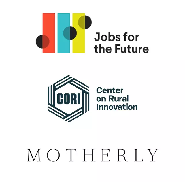 Jobs for the Future, Center on Rural Innovation and Motherly logos