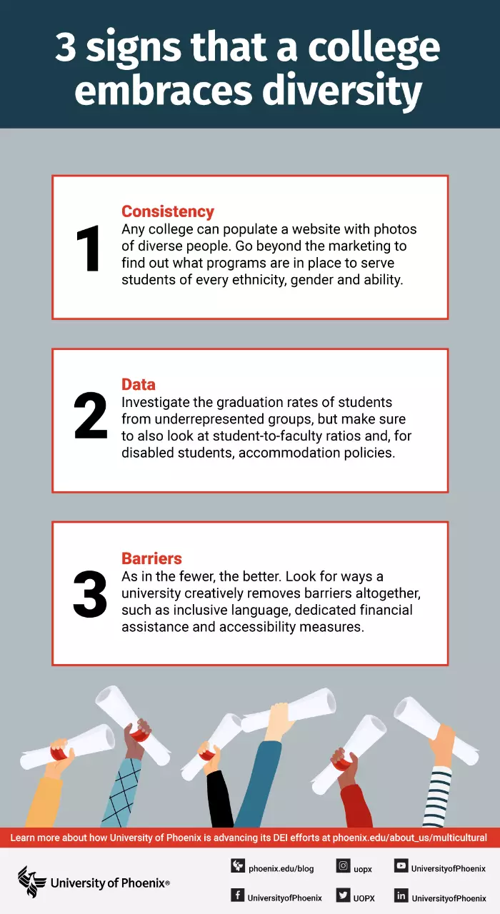 3 signs that a college embraces diversity infographic.