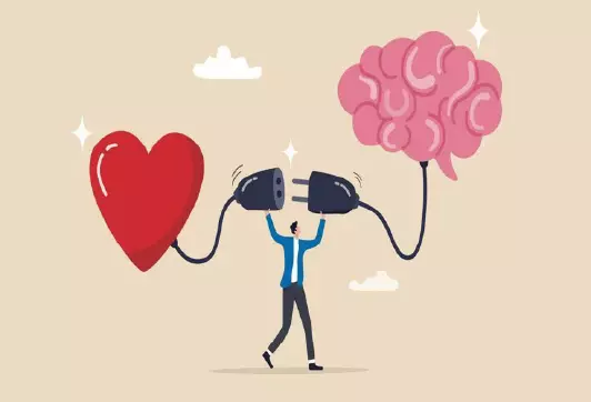 An illustration showing a person connecting a heart and a brain