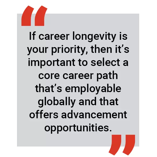 If career longevity is your priority, then it's important to select a core career path that's enjoyable globally and that offers advancement opportunities.