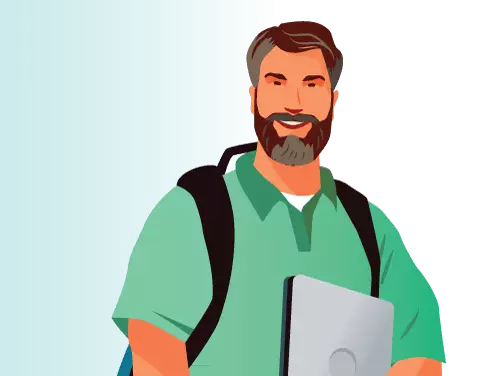 A doctoral student wears a backpack and carries a laptop