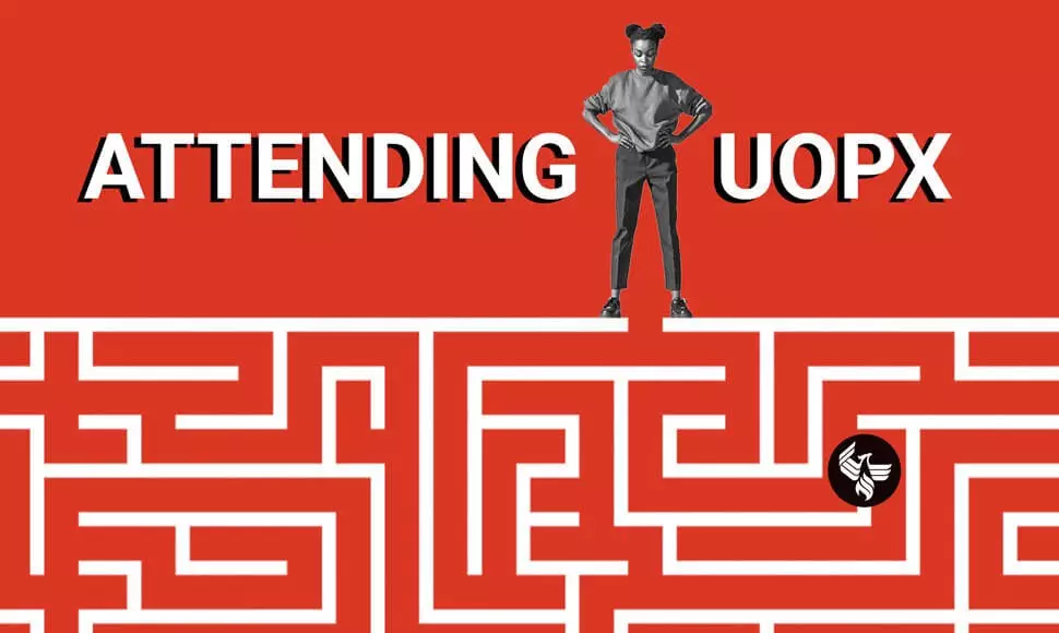 Graphic image of a student standing above a maze. The words "Attending UOPX" are to their right and left