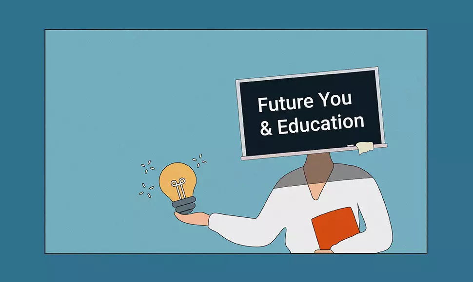 Teacher holding a lightbulb with a blackboard for a head and the words Future You & Education written on it