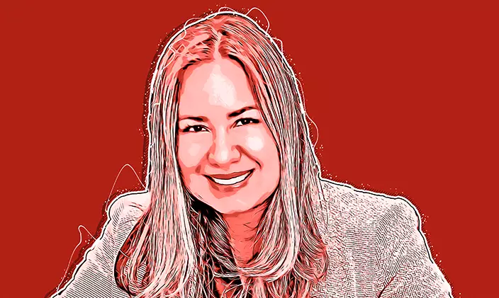 Graphical treatment of Giselle Poveda's smiling headshot against a red background