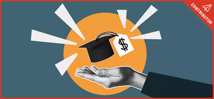 A hand holding a graduation cap with a price tag attached to signify opportunity cost