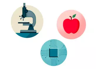 illustration of a microscope, an apple, and a computer chip