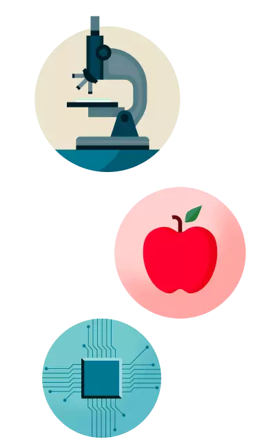illustration of a microscope, an apple, and a computer chip
