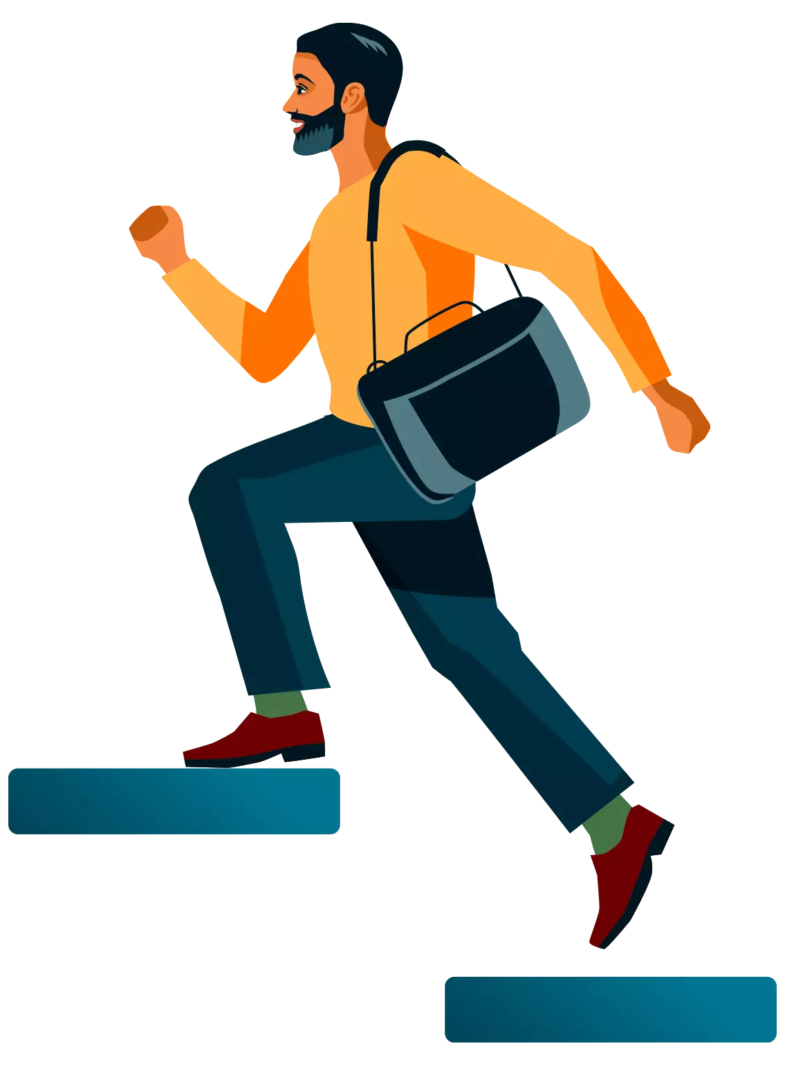 illustration of a man ascending stairs with a laptop bag