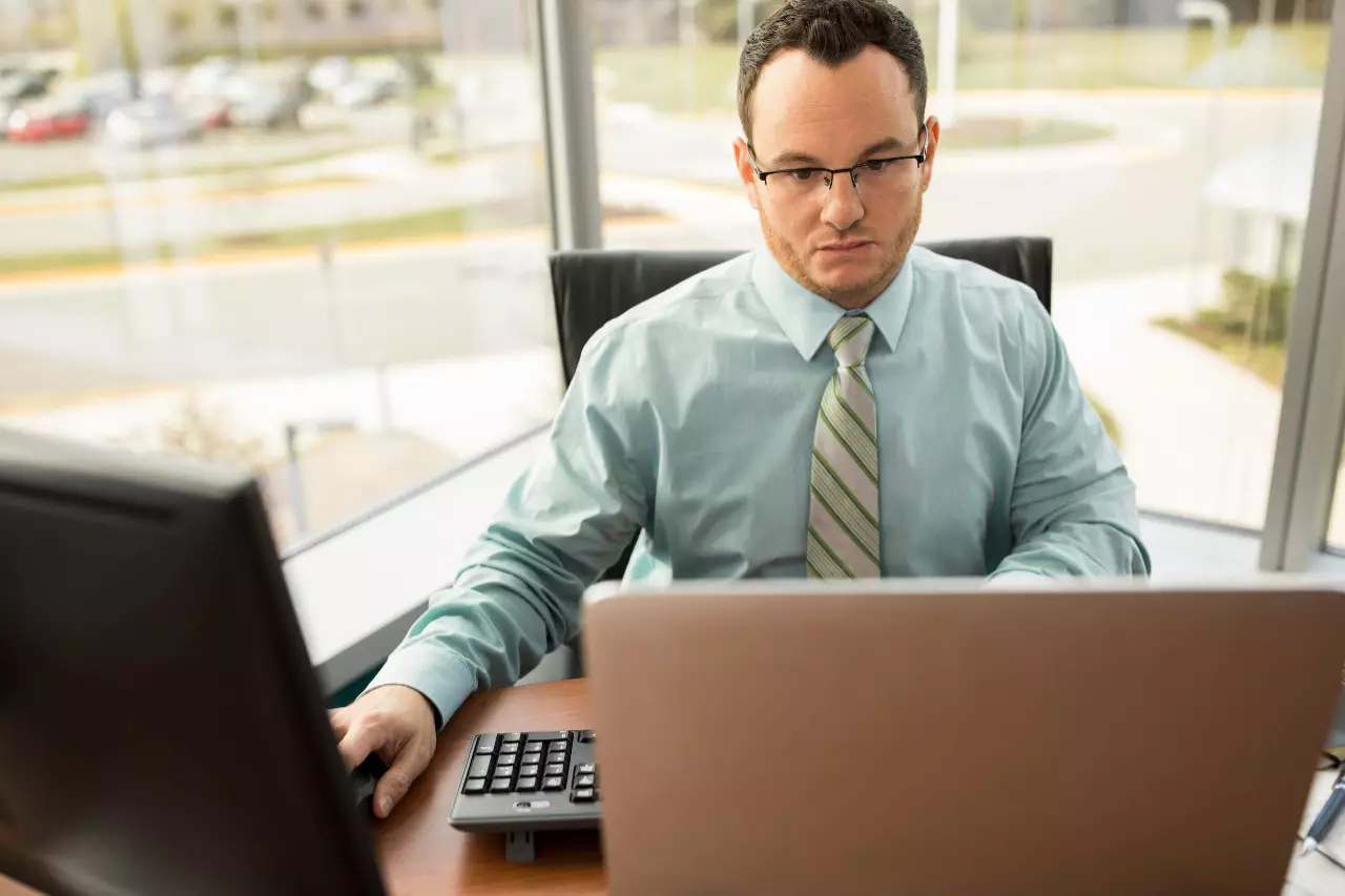 An accountant studies an online spreadsheet