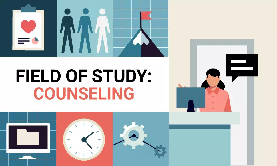 Graphic featuring various counseling related icons to represent getting a masters in counseling with woman at desk and the words "Field of Study: Counseling"
