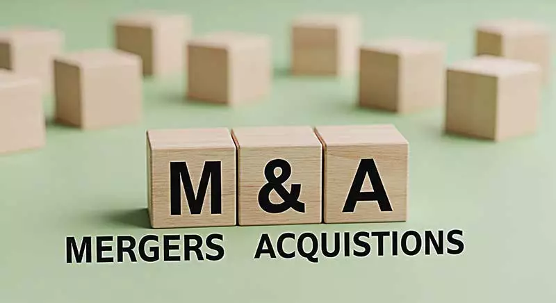 M & A, Mergers and acquisitions words shown with building blocks
