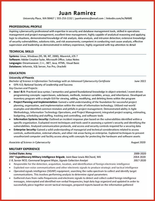 Example of a military to civilian resume