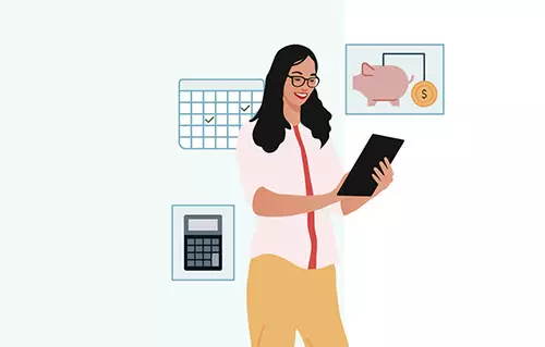 An illustration showing a operations manager checking her tablet, surrounded by a calculator, calendar and chart