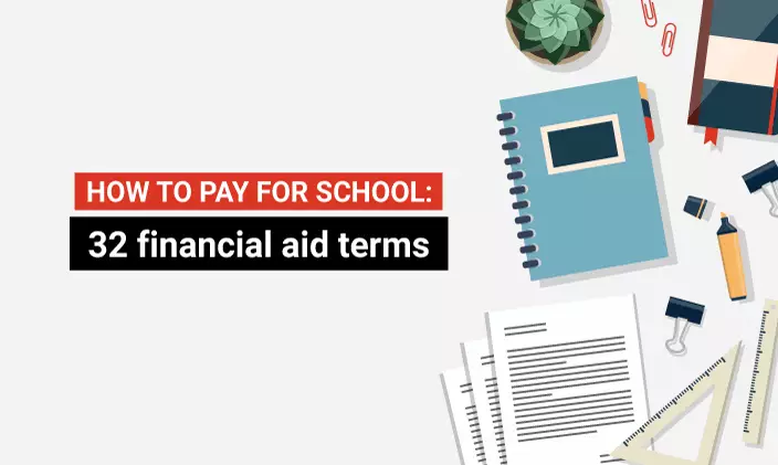 Bird's-eye view graphic of desk with notebook, documents and office supplies. The title reads How to Pay for School: 32 financial aid terms