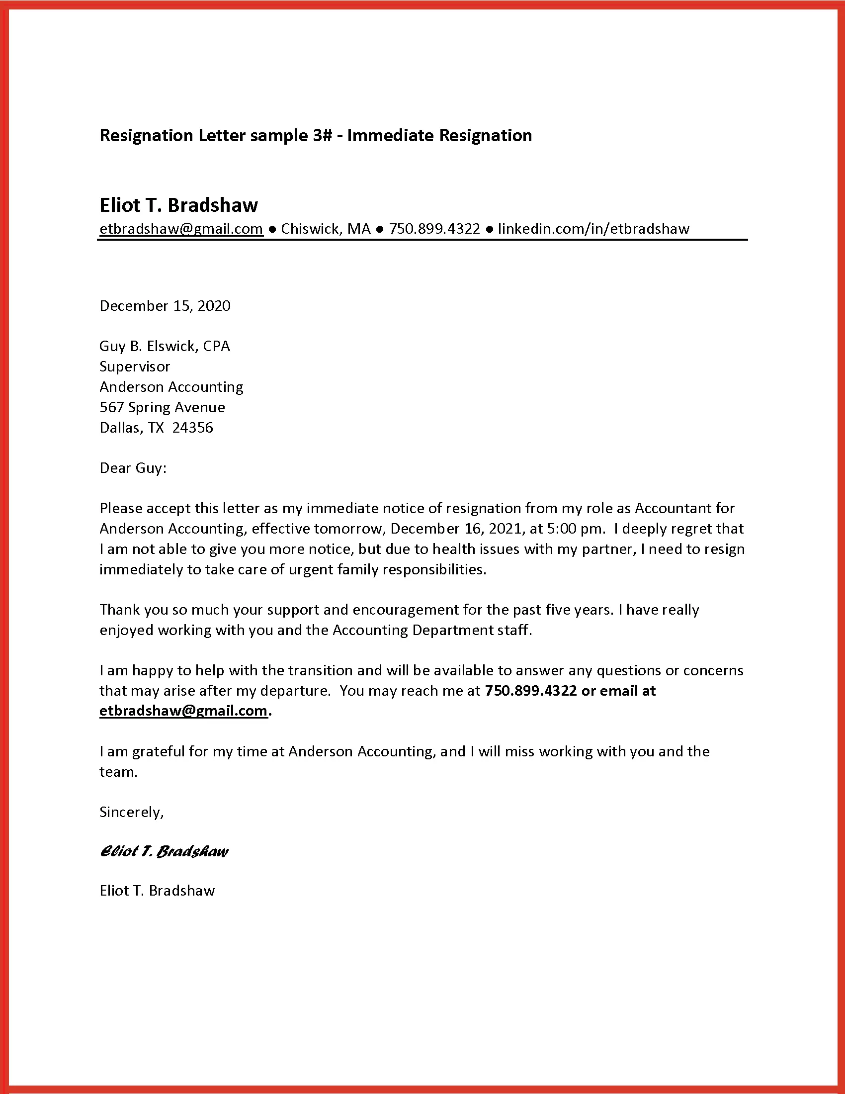 Downloadable immediate resignation letter examples