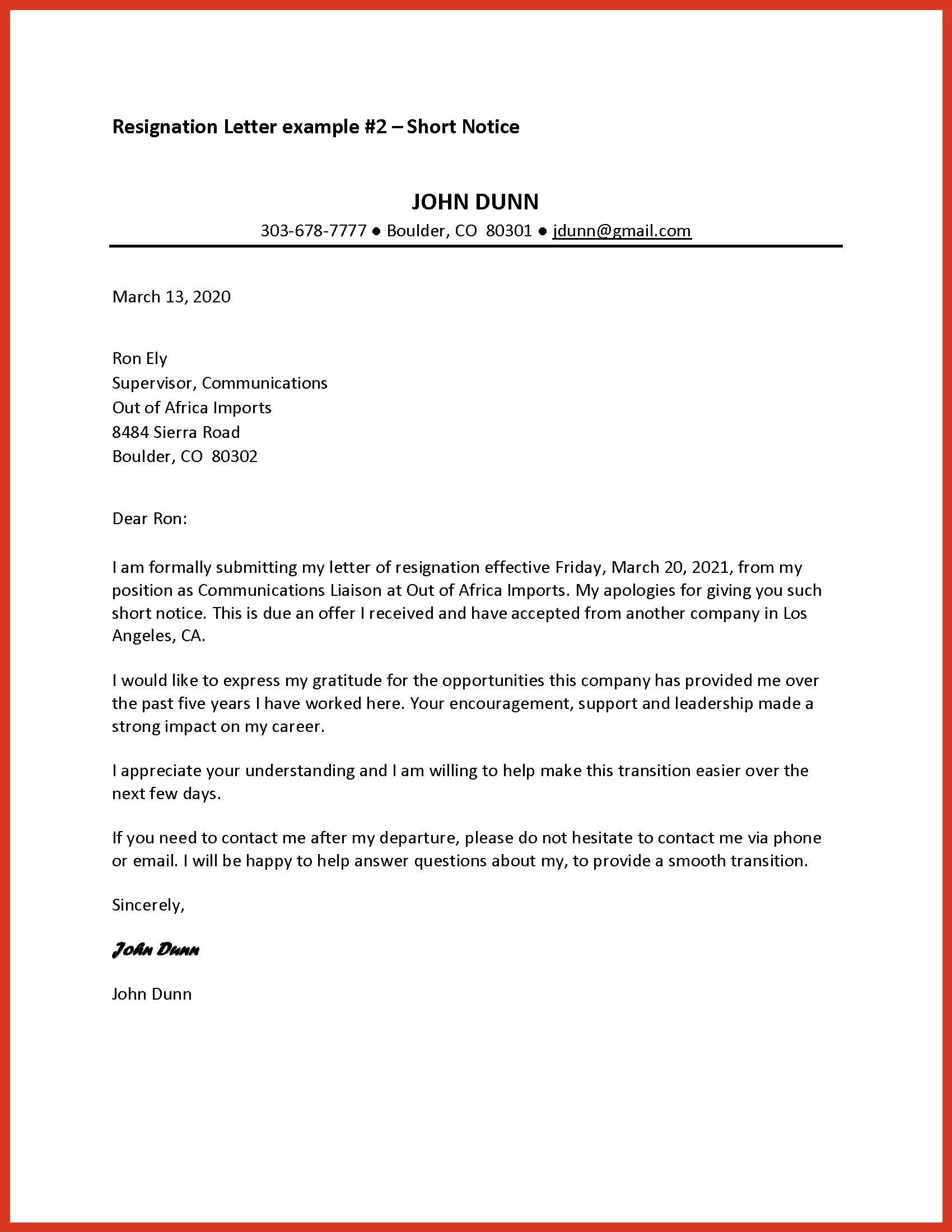 Downloadable short notice resignation letter examples