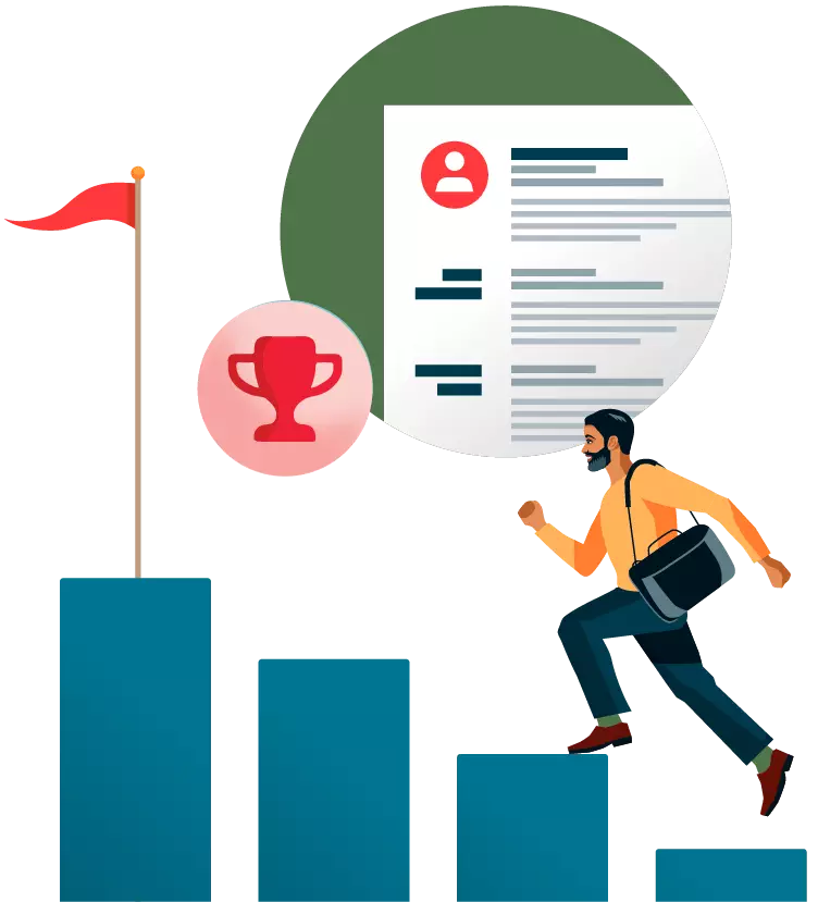 Illustration of student with laptop bag climbing steps to a flag, trophy and resume.