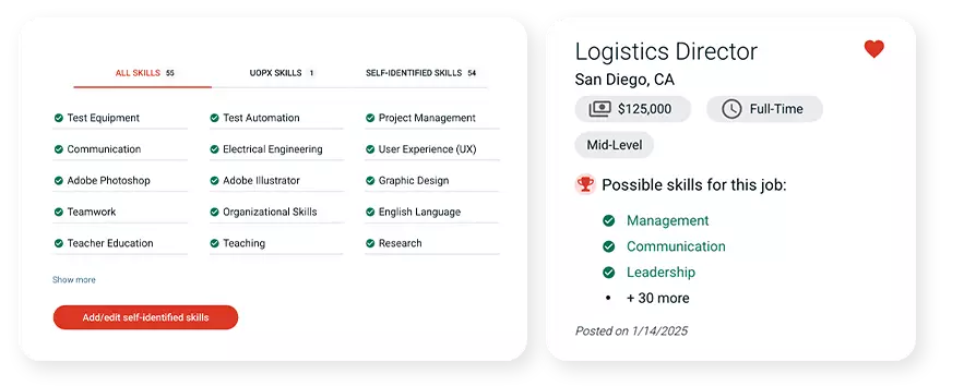 Left image: With our career navigator, keep track of the skills you earn. Right image: See how your skills compare to job postings tailored to you.