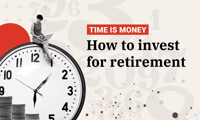 Woman typing on laptop and sitting on large clock. Title reads "Time is Money: How to invest for retirement."