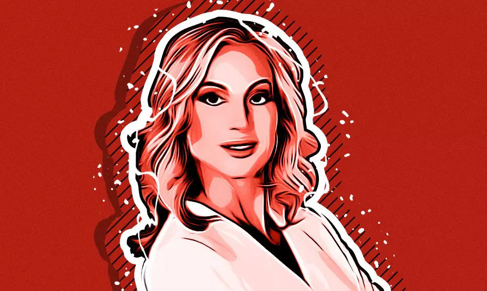 Stylized black, white and red graphic of Trina Limpert