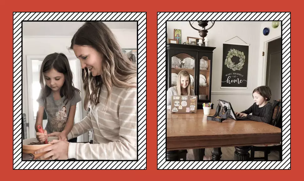 Woman cooking with child and doing homework together