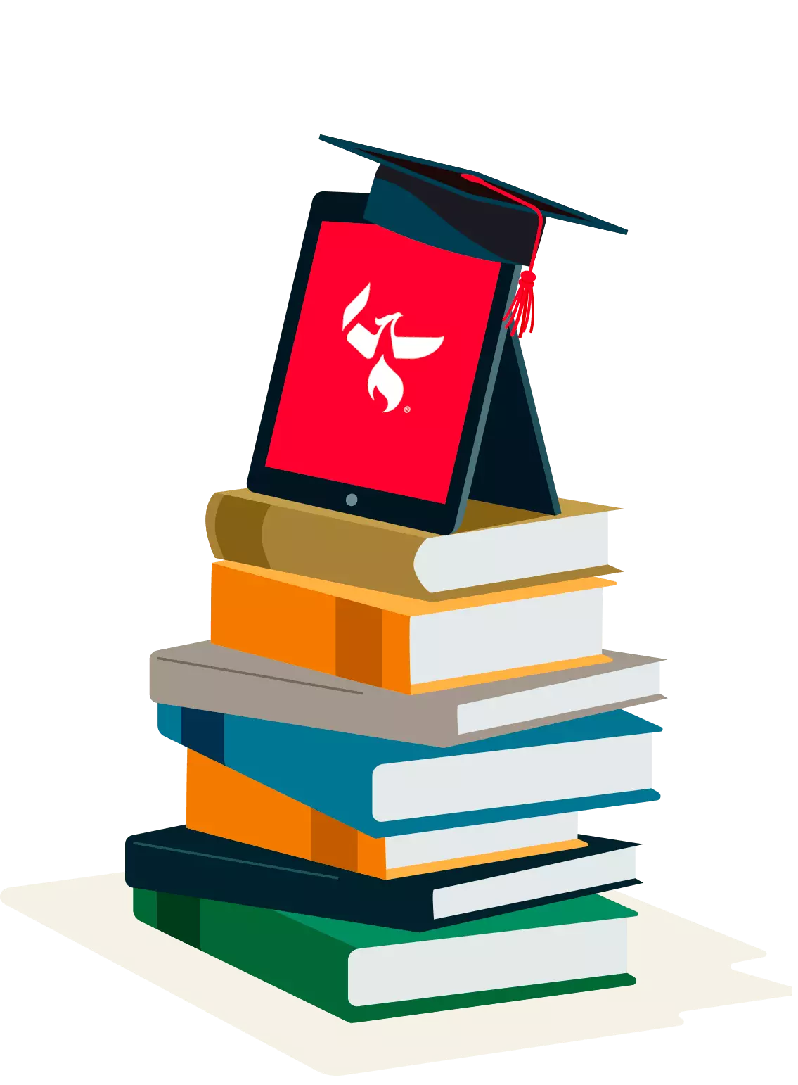 A stack of books with a tablet and UOPX graduation cap on top 