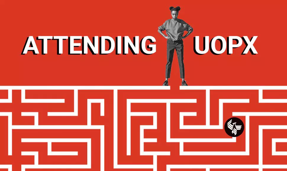 Graphic image of a student standing above a maze. The words "Attending UOPX" are to their right and left